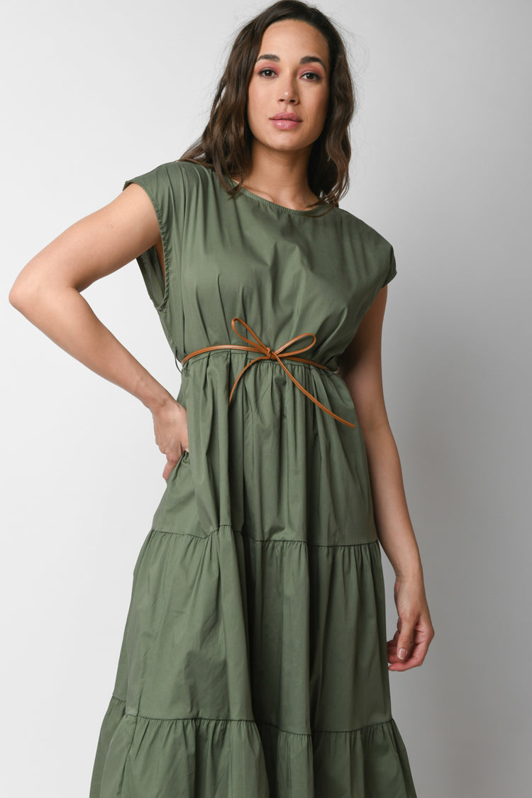 Belted tiered midi dress