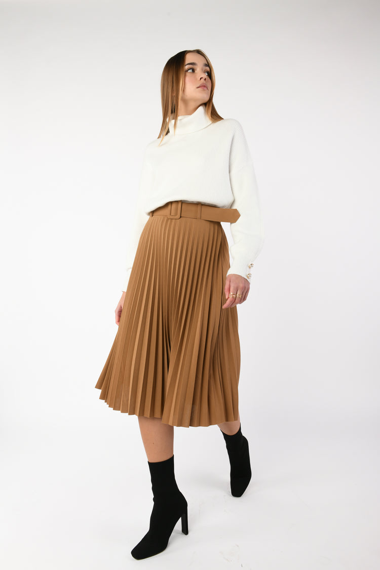 Belted pleated midi skirt