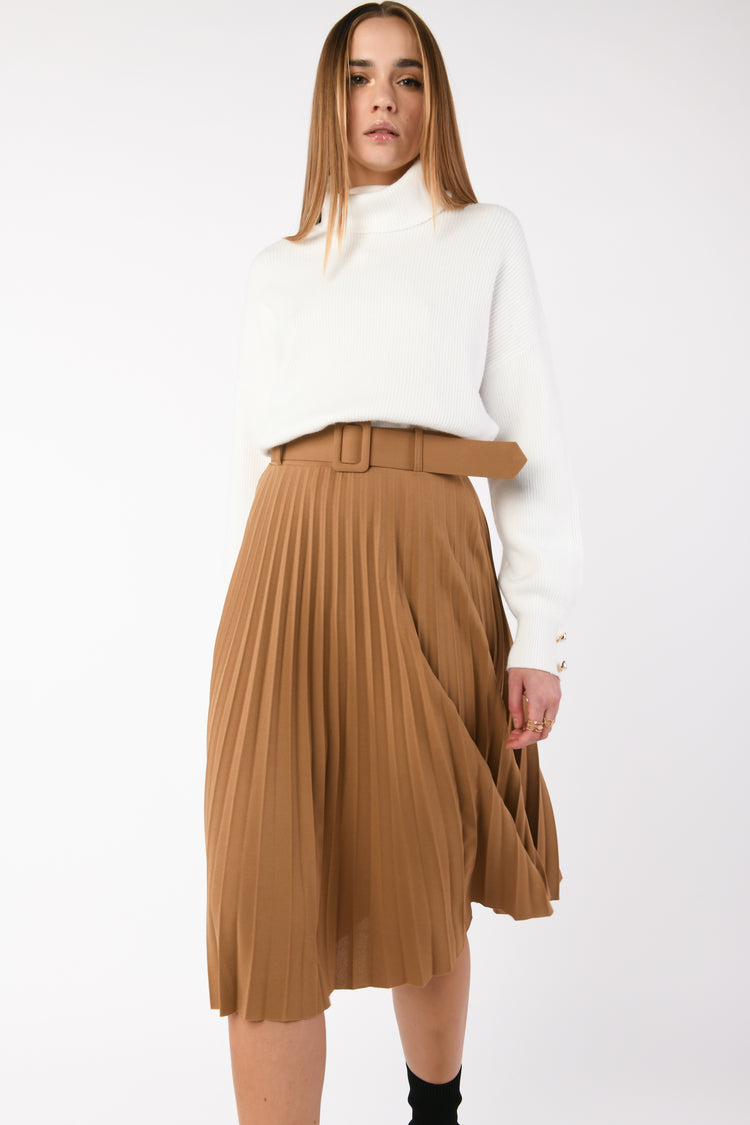 Belted pleated midi skirt