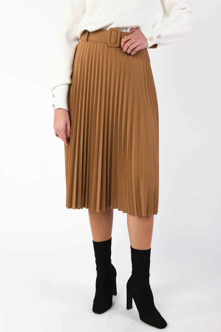 Belted pleated midi skirt