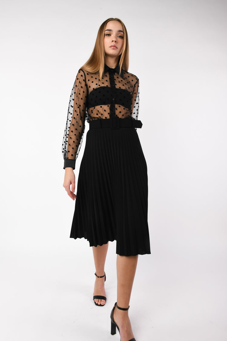 Belted pleated midi skirt