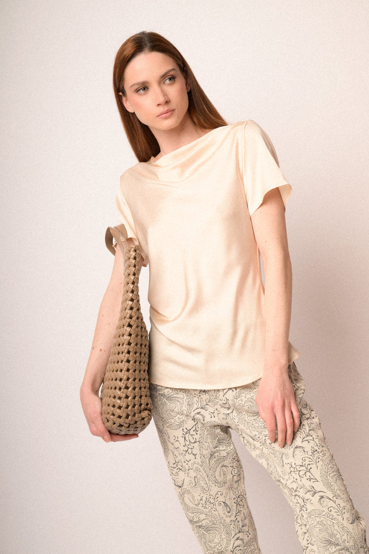 Beige satin draped t-shirt