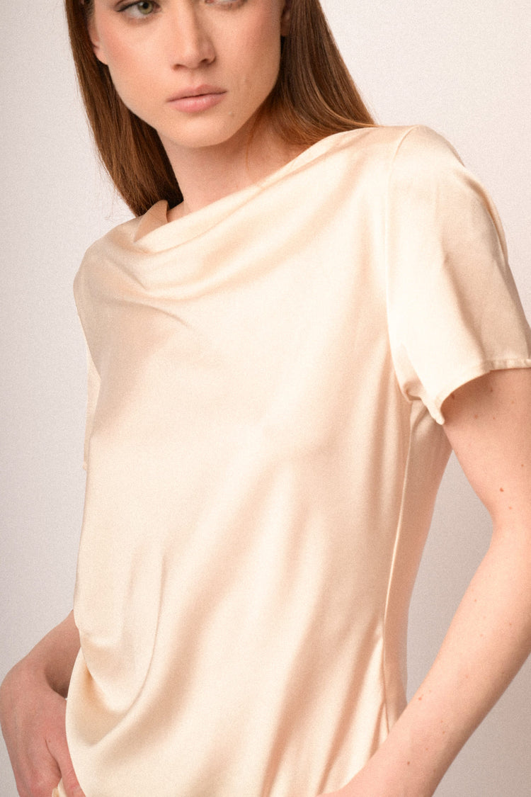 Beige satin draped t-shirt