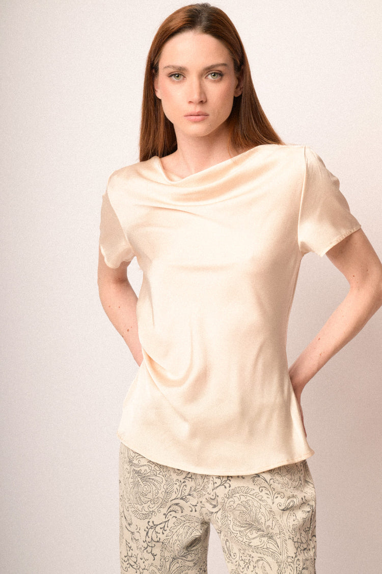Beige satin draped t-shirt