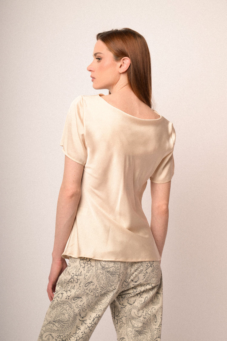 Beige satin draped t-shirt