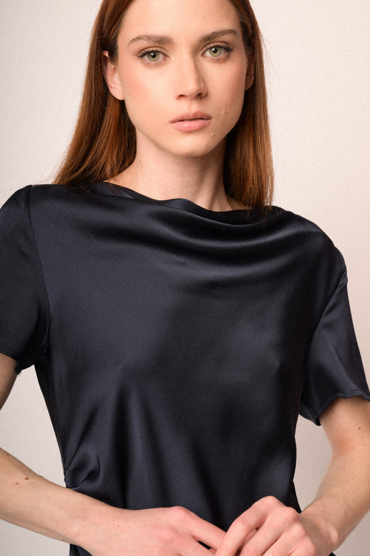 Blue satin draped t-shirt