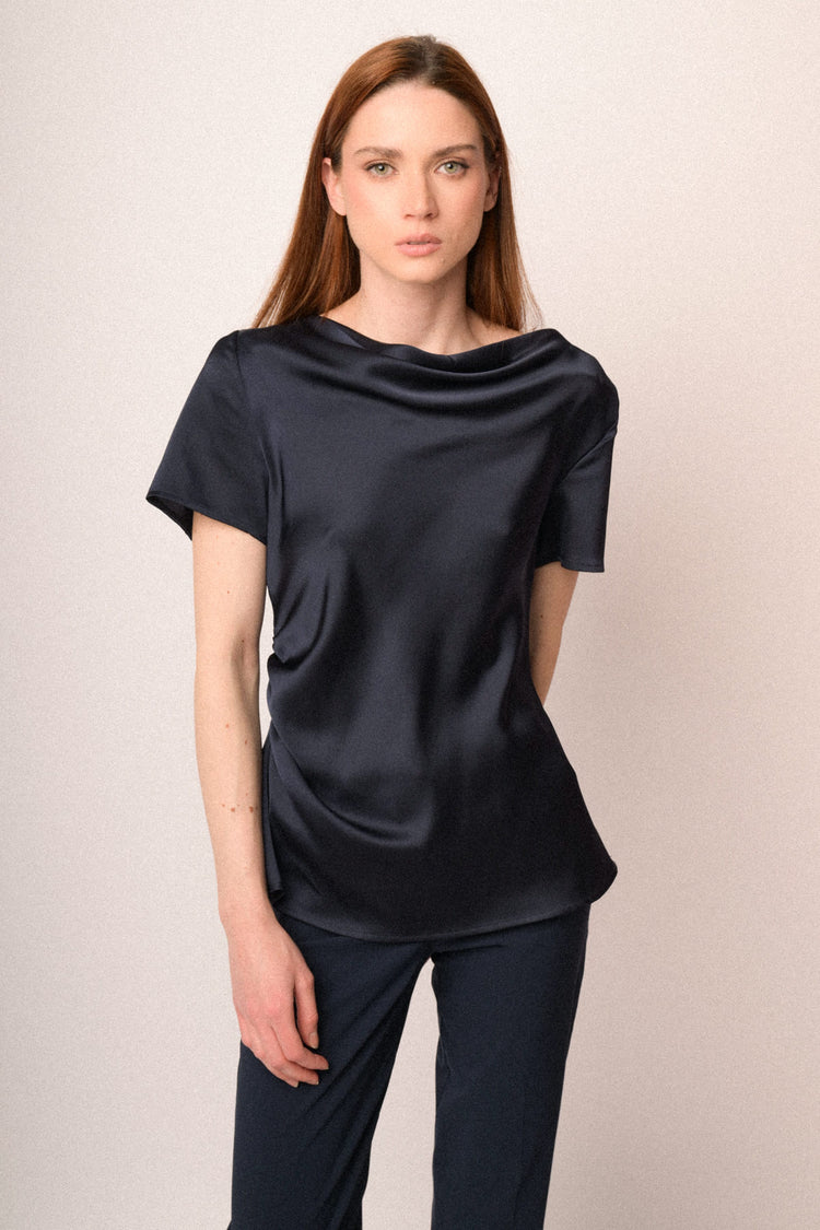 Blue satin draped t-shirt