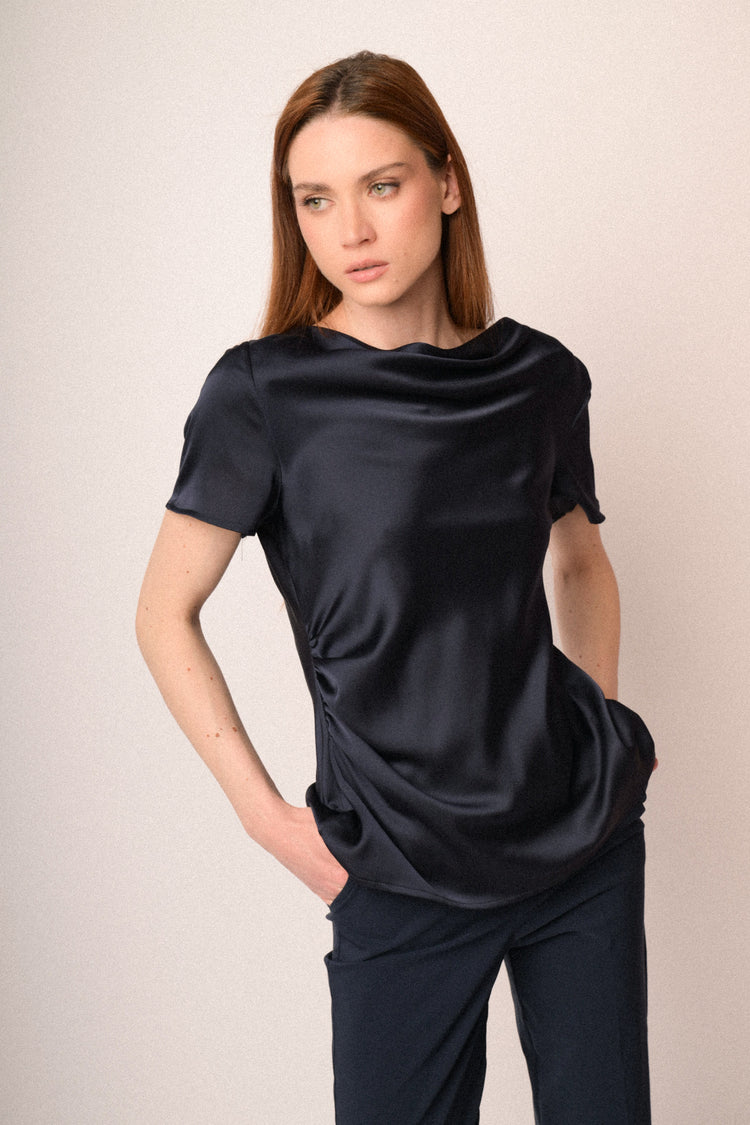 Blue satin draped t-shirt