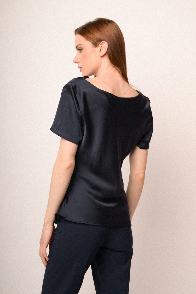Blue satin draped t-shirt