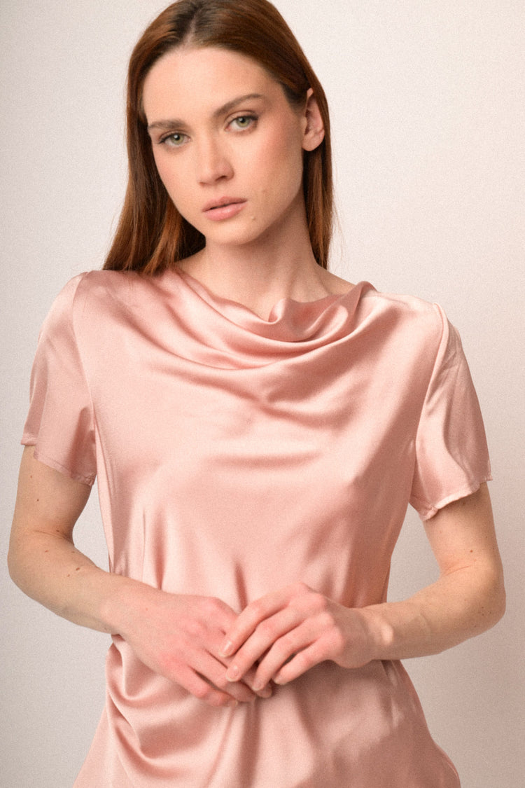 Pink satin draped t-shirt