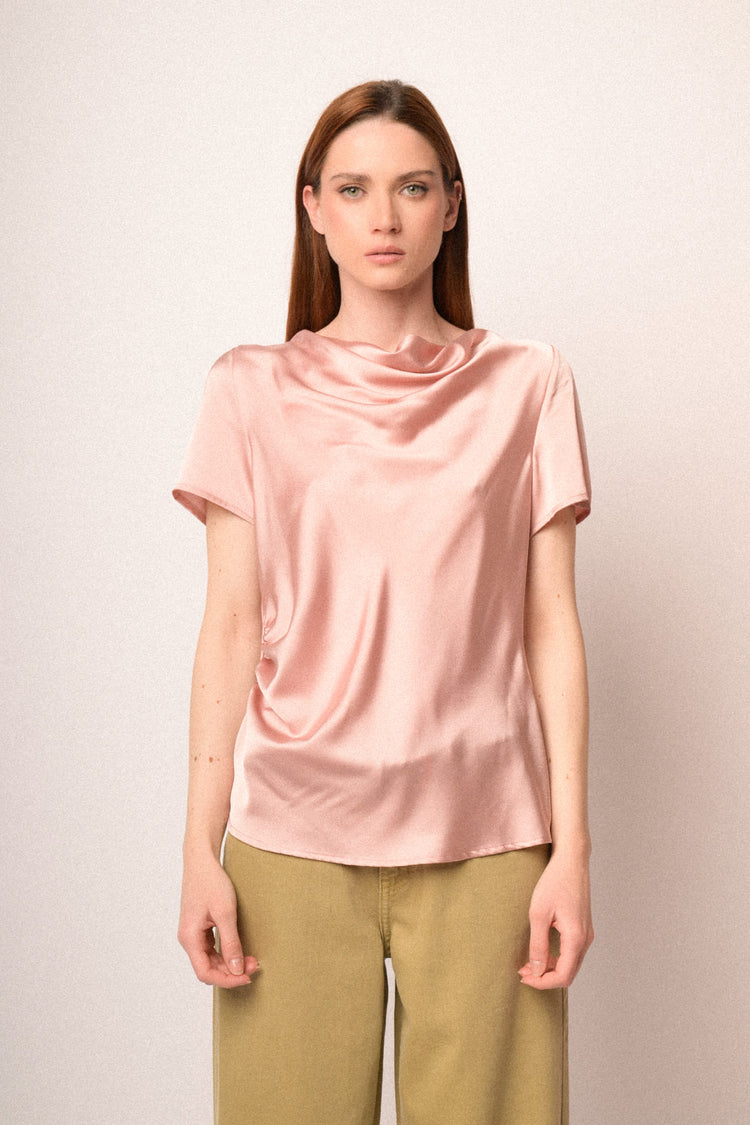 Pink satin draped t-shirt