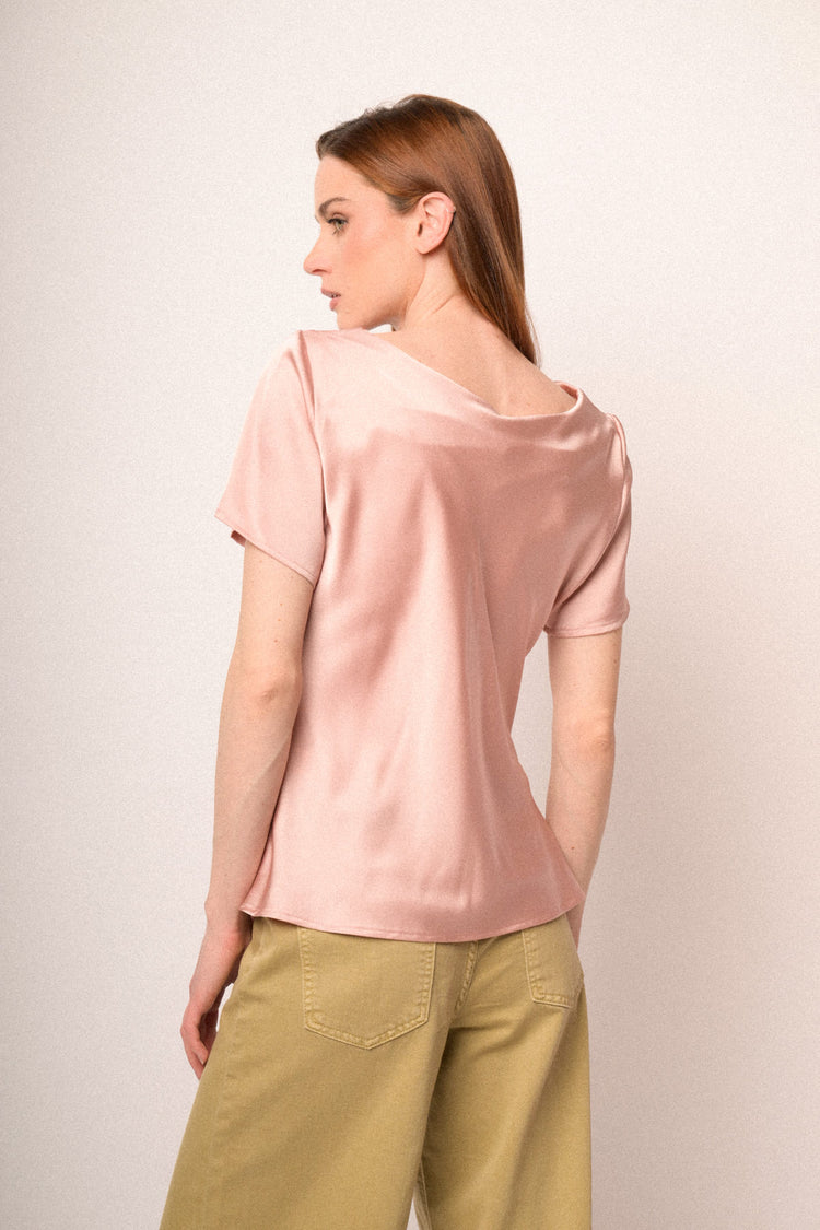 Pink satin draped t-shirt