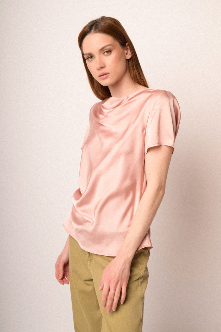 Pink satin draped t-shirt