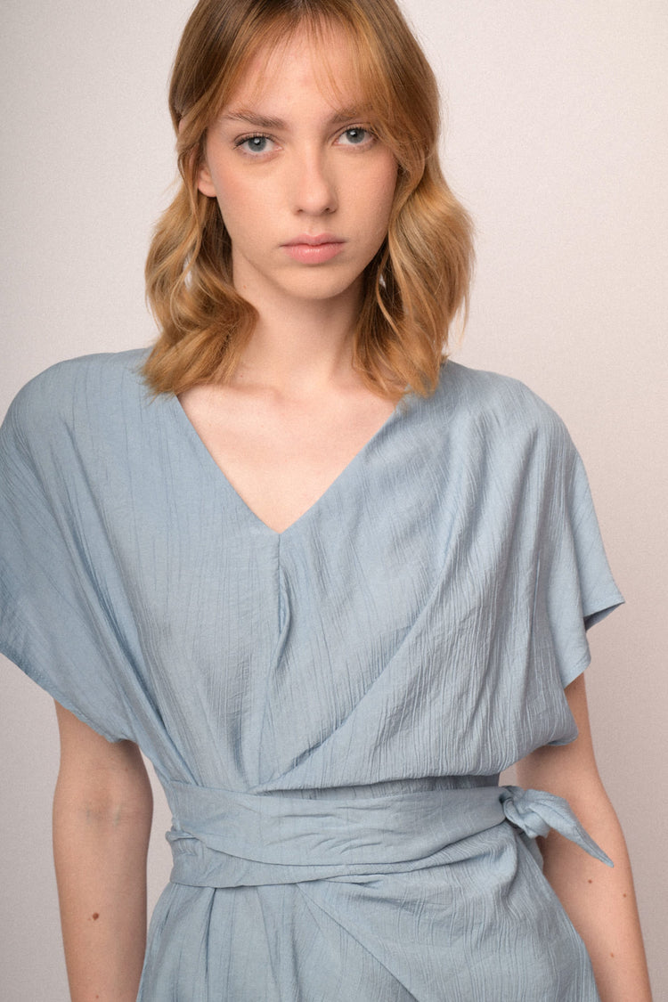 Sky blue V-neck and self-tie knot top