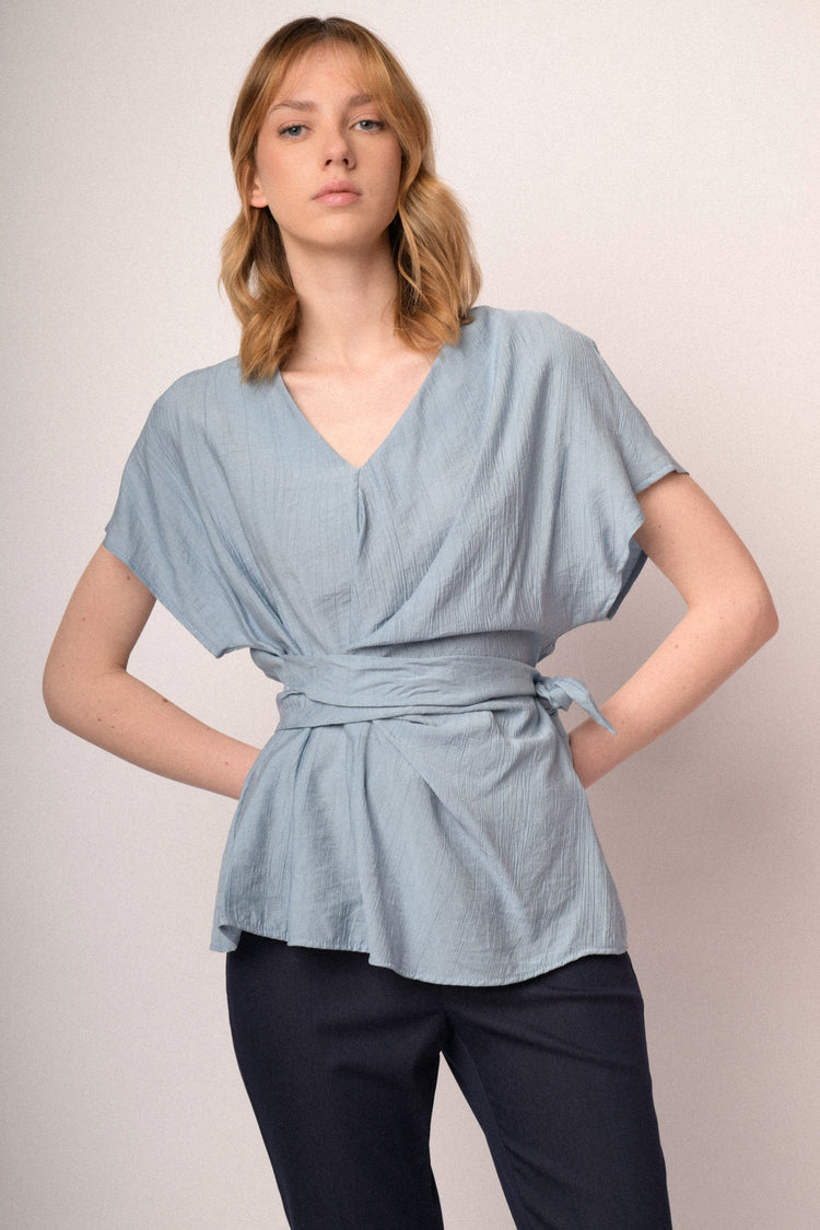 Sky blue V-neck and self-tie knot top