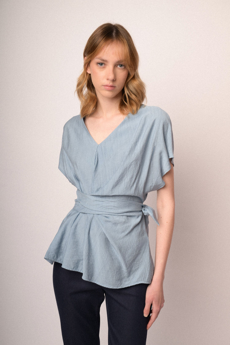 Sky blue V-neck and self-tie knot top
