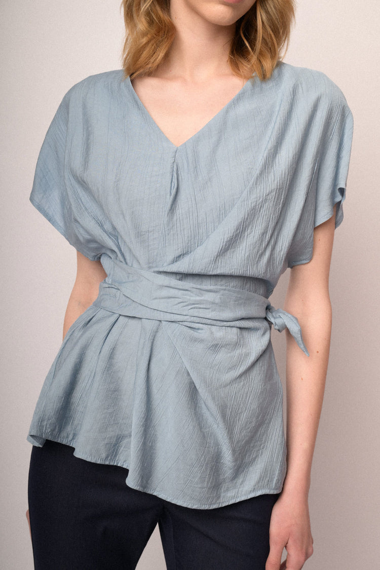 Sky blue V-neck and self-tie knot top