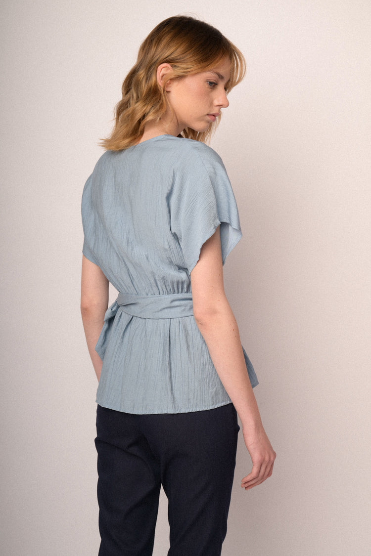 Sky blue V-neck and self-tie knot top
