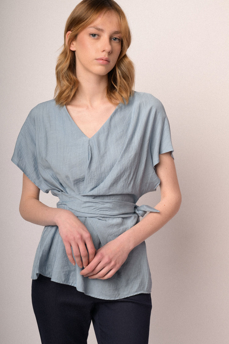 Sky blue V-neck and self-tie knot top