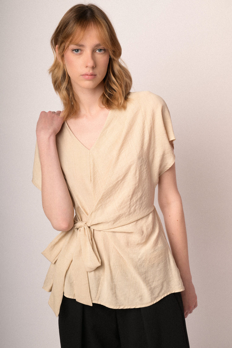 Beige V-neck and self-tie knot top