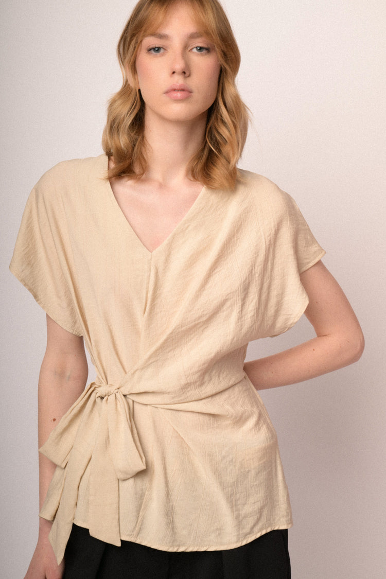 Beige V-neck and self-tie knot top