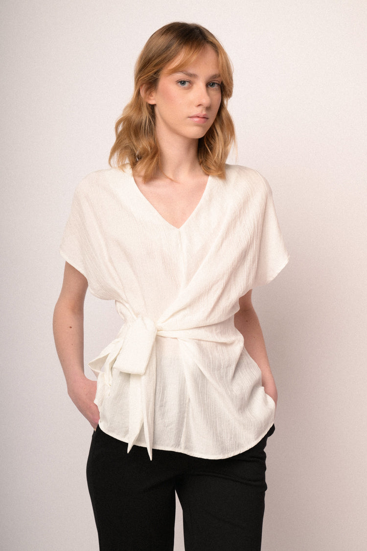 Beige V-neck and self-tie knot top