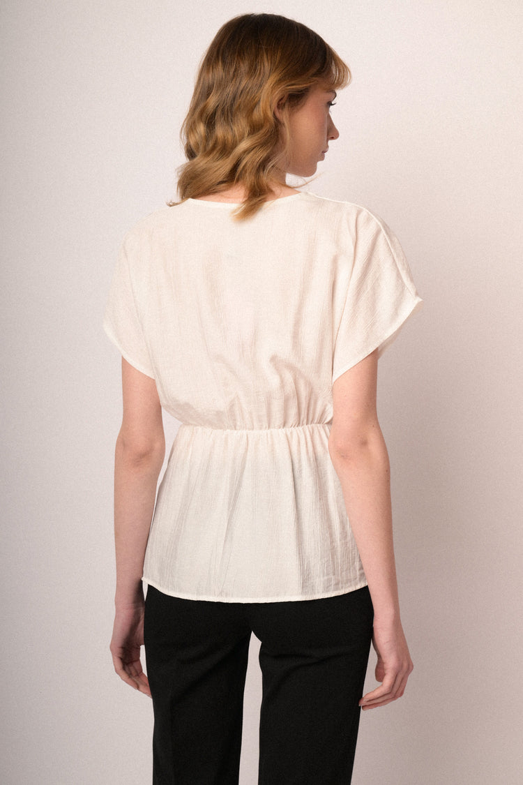 Beige V-neck and self-tie knot top
