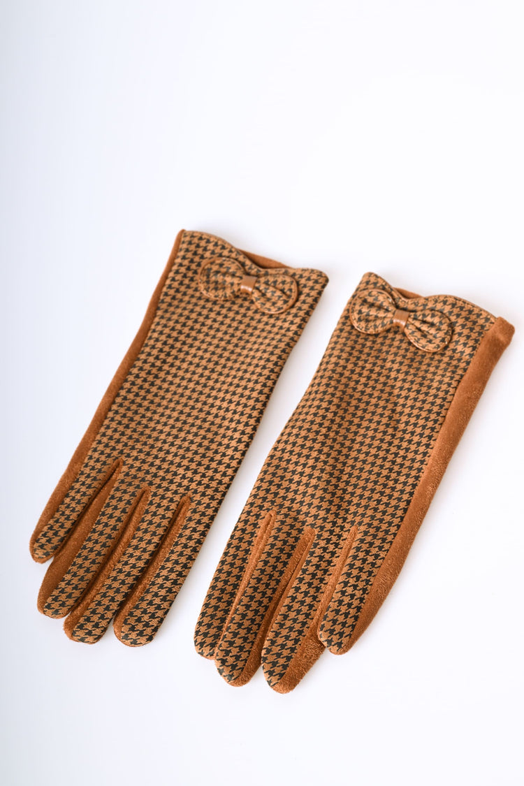 Bow and houndstooth motif gloves