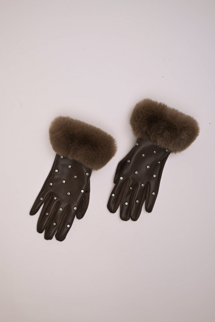 Rhinestone faux fur cuff gloves