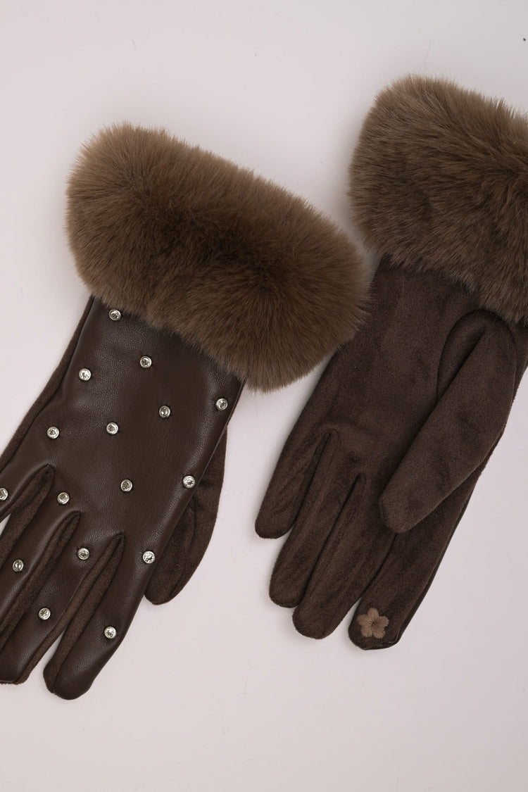Rhinestone faux fur cuff gloves