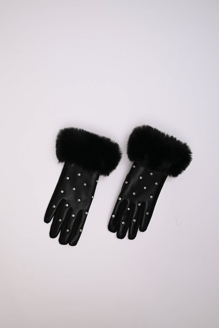 Rhinestone faux fur cuff gloves
