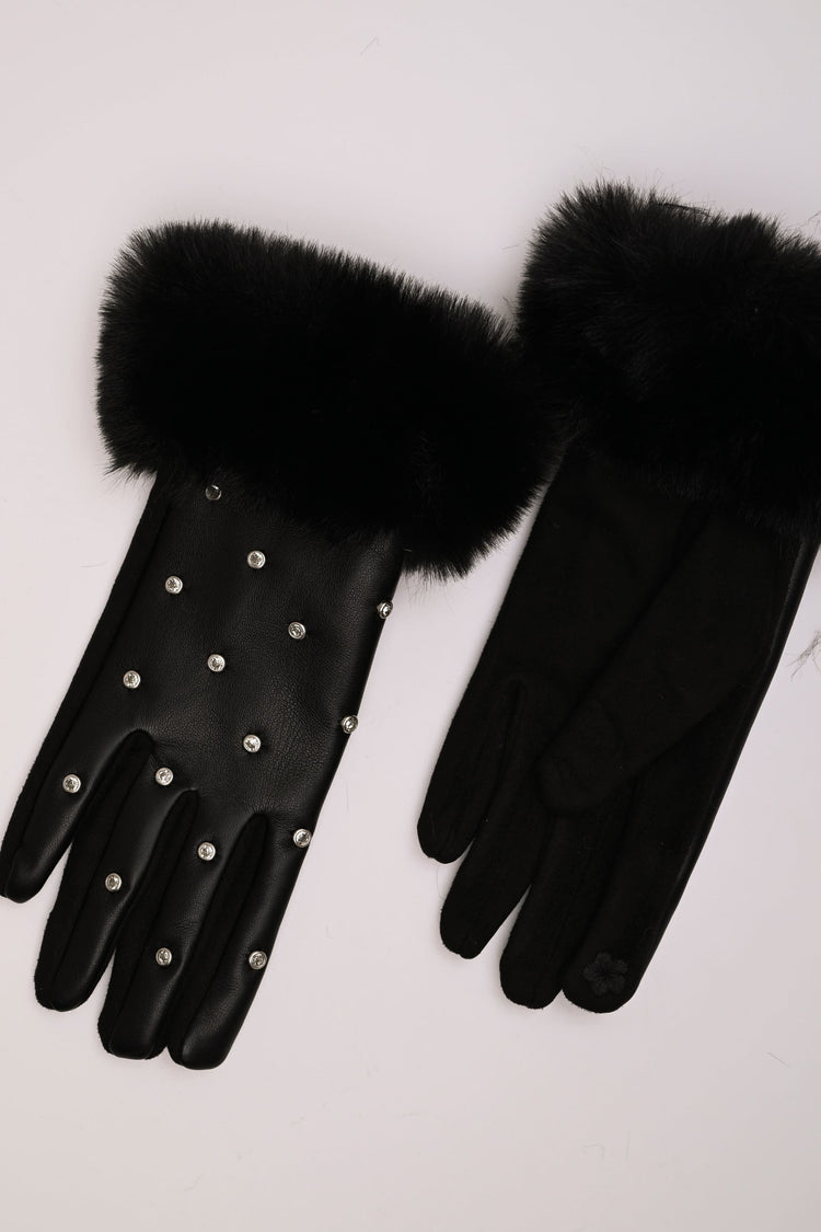 Rhinestone faux fur cuff gloves