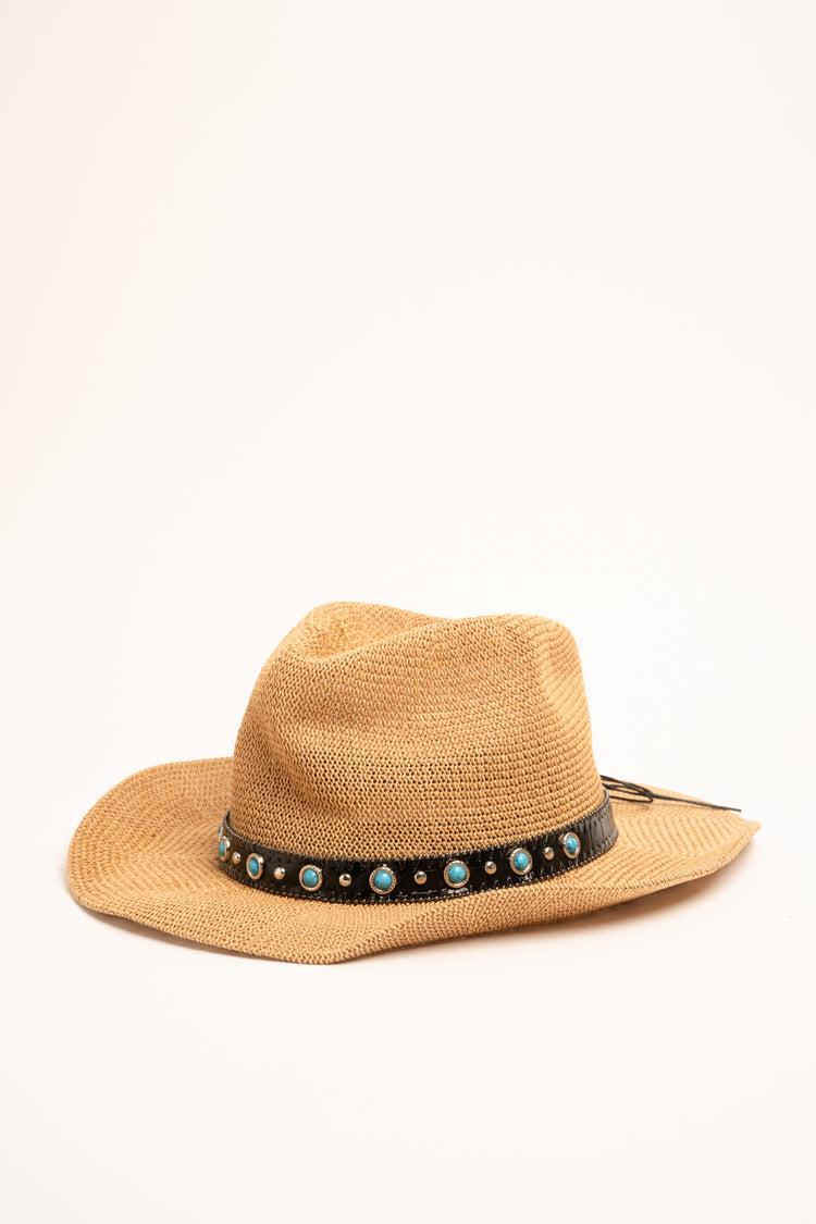 Turquoise stones and band beige raffia hat