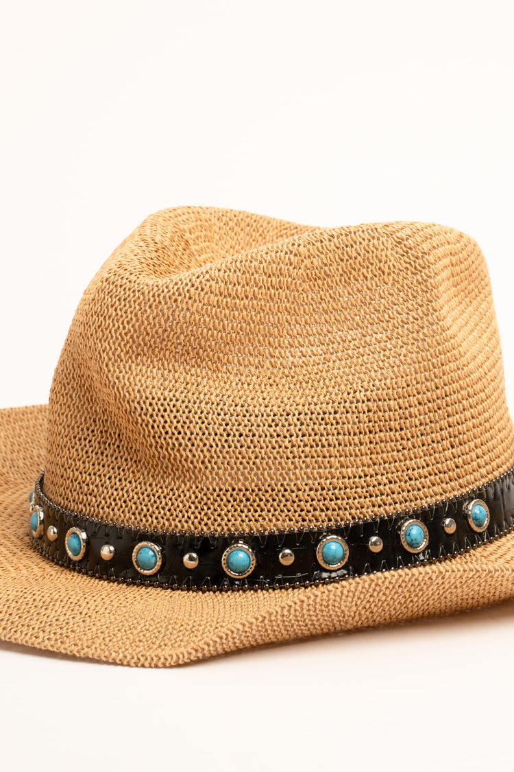 Turquoise stones and band beige raffia hat