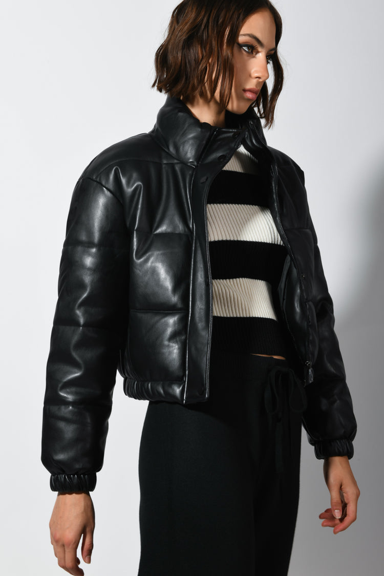 Padded faux leather crop down jacket