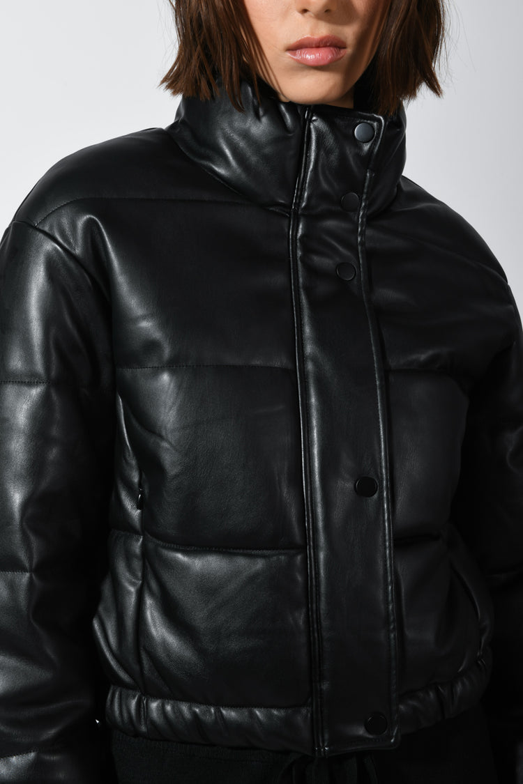 Padded faux leather crop down jacket