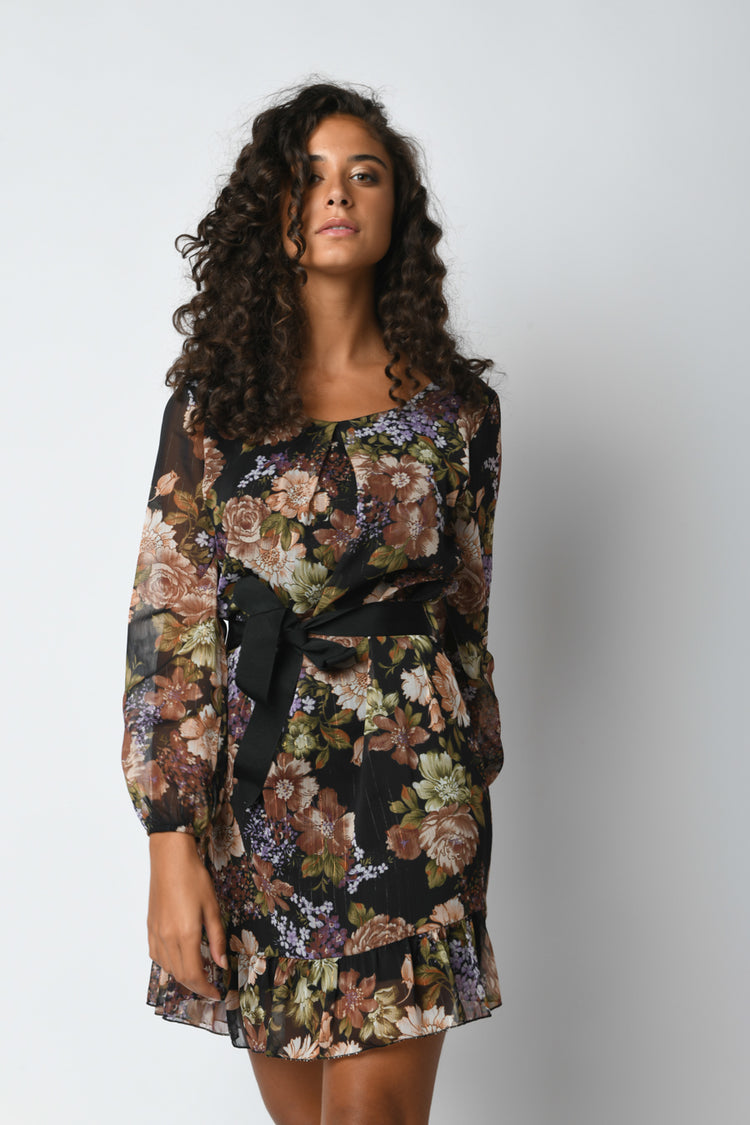 Belted floral print dress