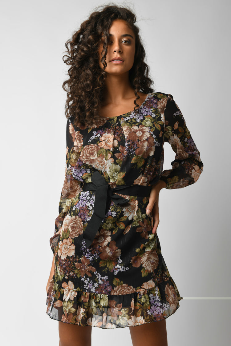 Belted floral print dress