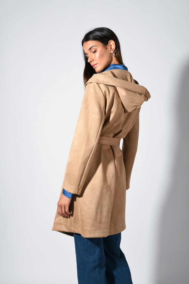 Suede effect hooded coat
