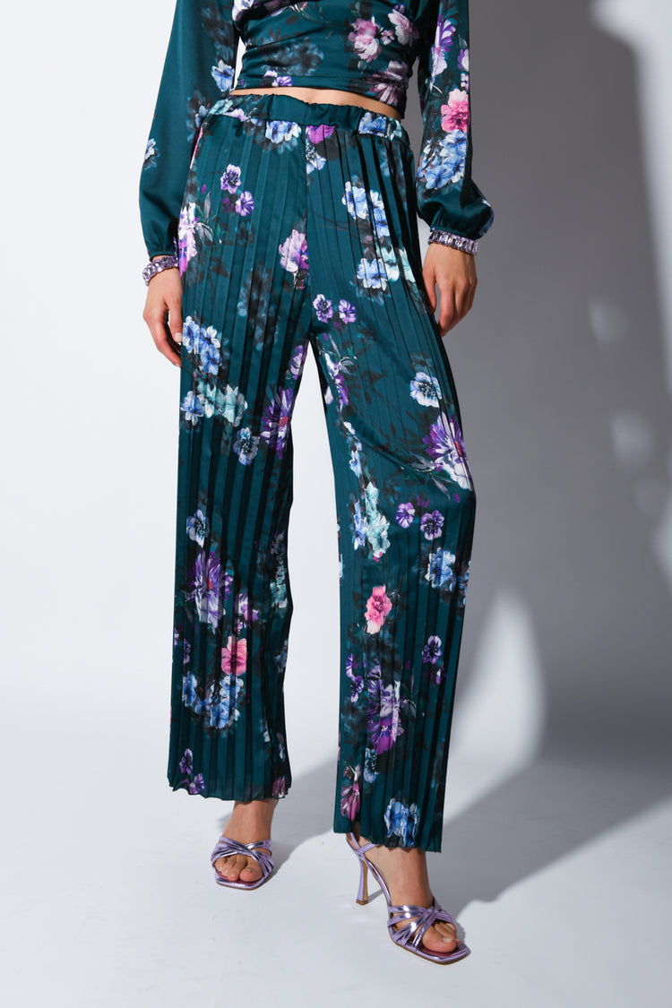 Floral print pleated wide leg pants