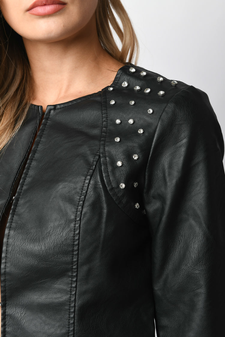 Rhinestoned faux leather jacket