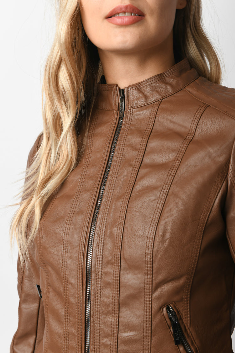 Topstitching faux leather jacket