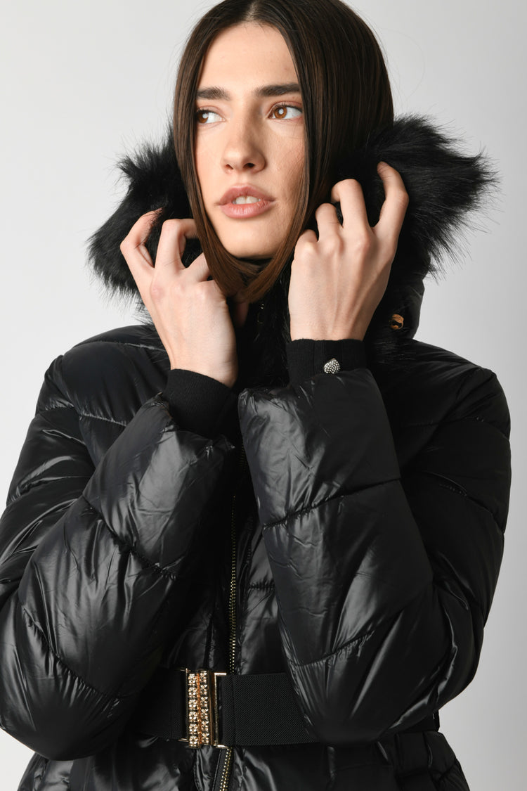 Belted hooded down jacket