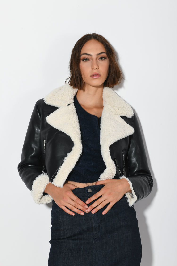 Faux leather and shearling cropped jacket