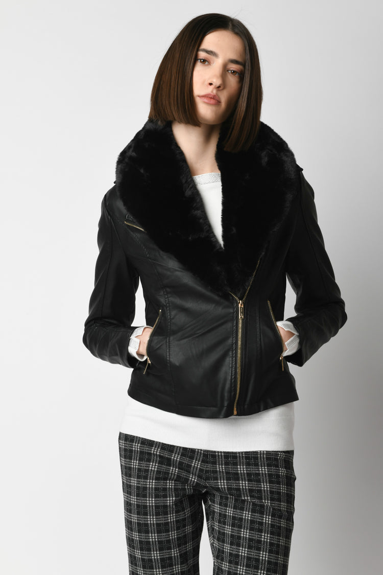 Faux fur and leather jacket