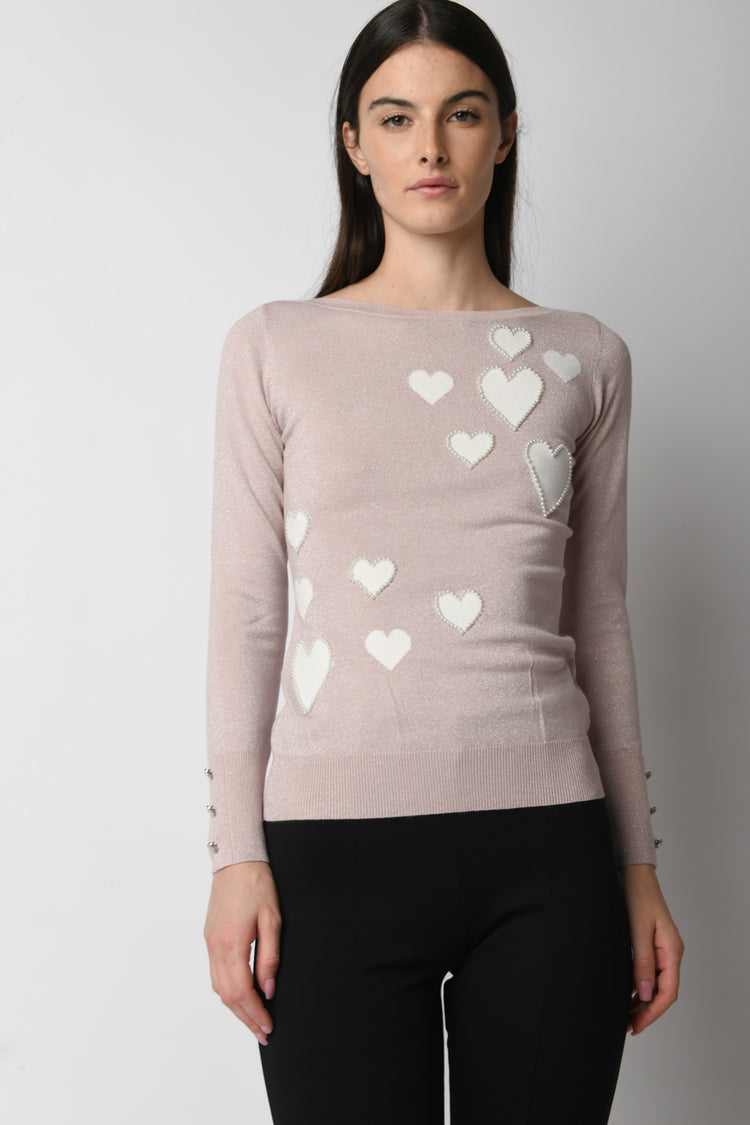Heart motif lurex knit sweater