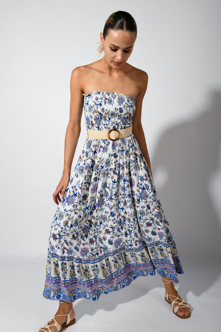 Belted floral print long dress