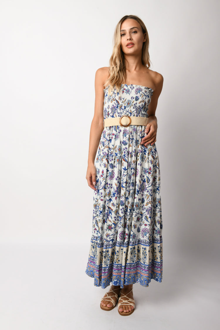 Belted floral print long dress