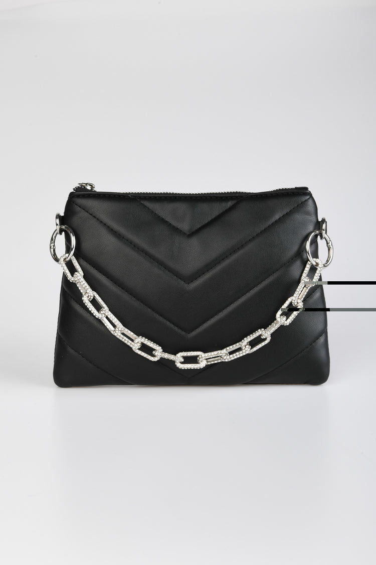Rhinestoned-chain quilted pouch